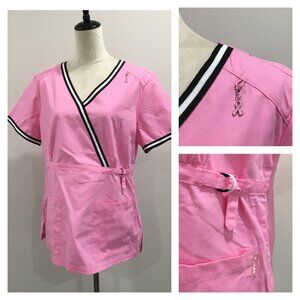 KOI Pink Black White Breast Cancer Running Ribbon Short Sleeve Scrubs Shirt